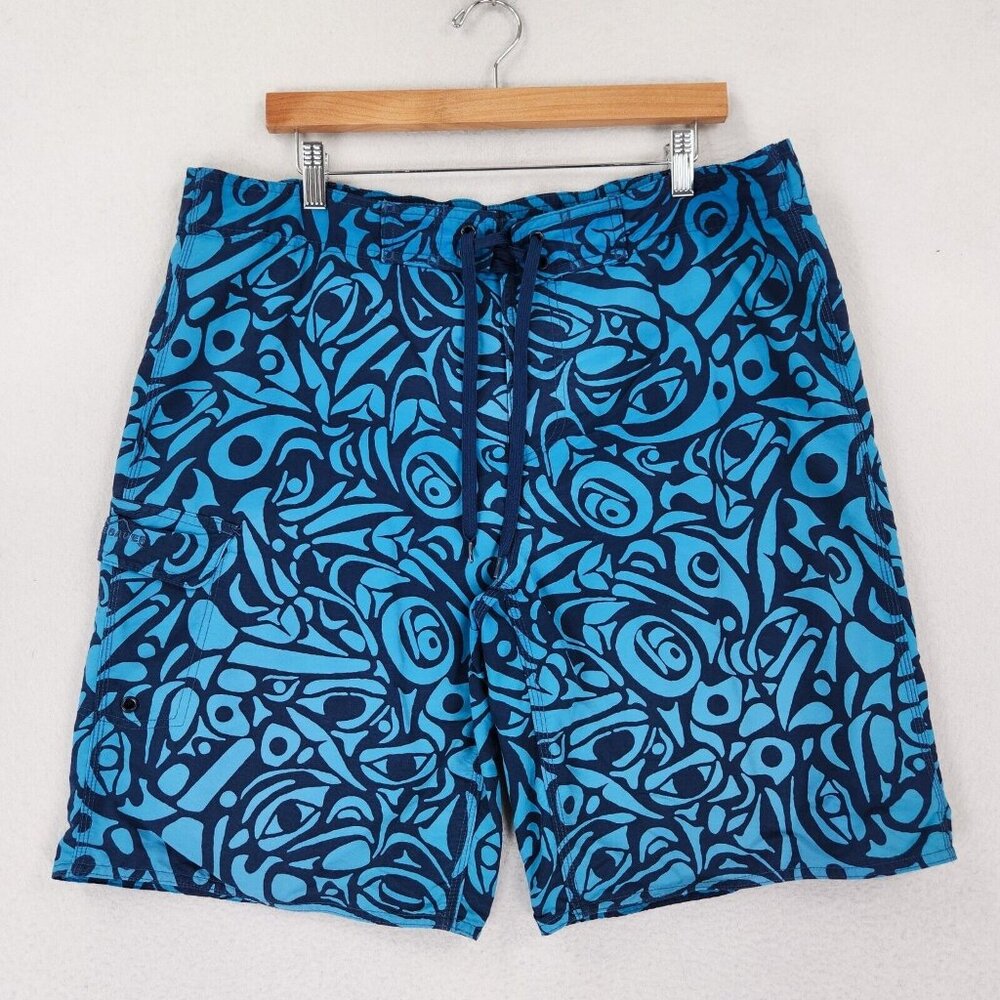 Eddie Bauer Swim Trunks Mens Extra Large Blue Cargo Brief Lined Printed Beach